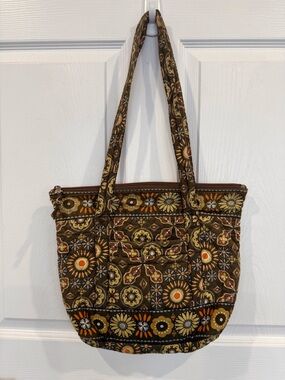 Brown Floral Quilted Tote Bag - Lightweight Everyday Shoulder Bag zips to close